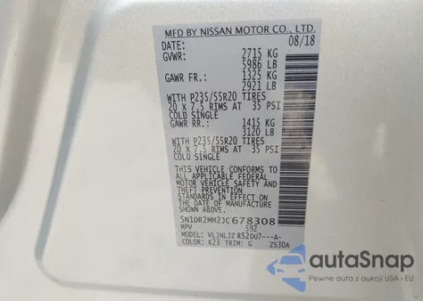 2018 Nissan Pathfinder Platinum z USA, uszkodzony, nr VIN 5N1DR2MM2JC678308